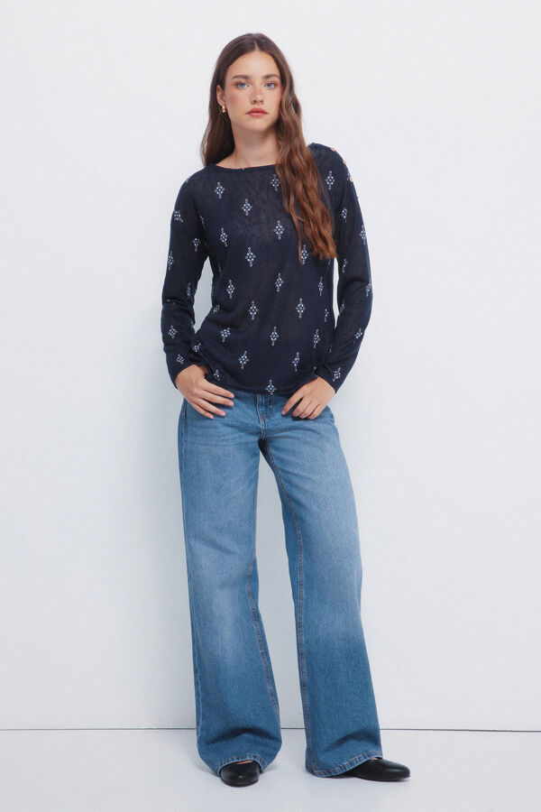 Springfield Camiseta estampada com efeito linho azul