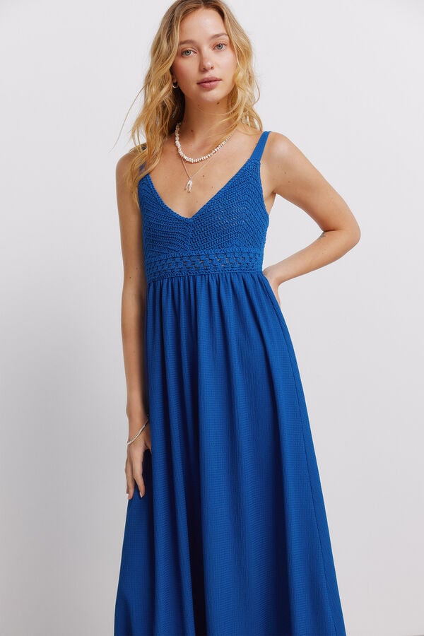 Springfield Vestido midi de al&ccedil;as em crochet azul
