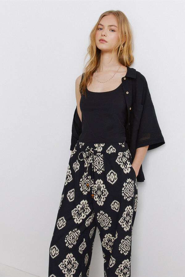 Springfield Cal&ccedil;a de linho estampada preto