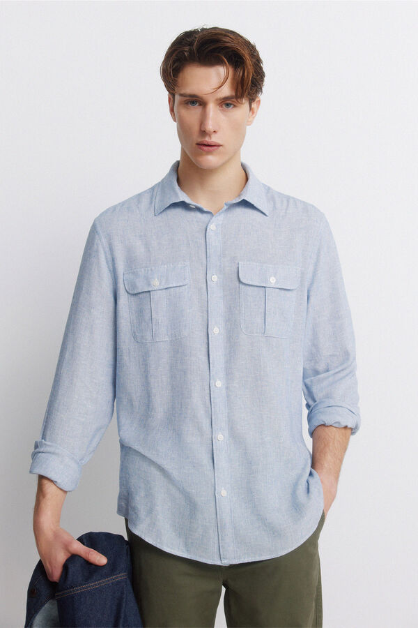 Springfield Camisa em linho e viscose com bolsos azul