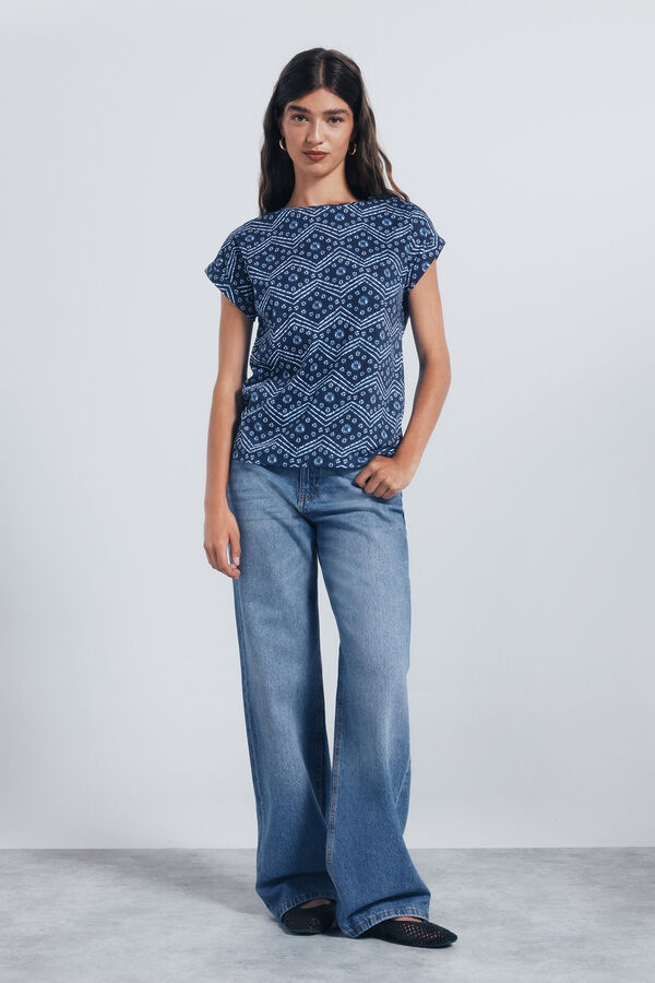 Springfield Camiseta estampada com bot&otilde;es e ombros &agrave; mostra azul