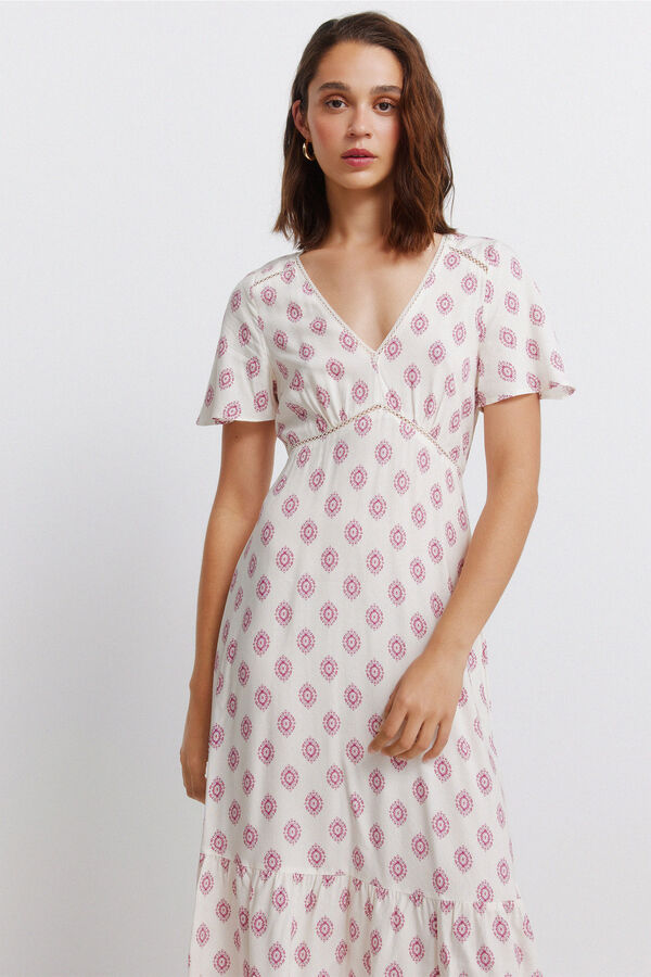 Springfield Vestido midi de renda manga curta branco