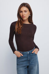 Springfield T-shirt com decote canoa canelado castanho