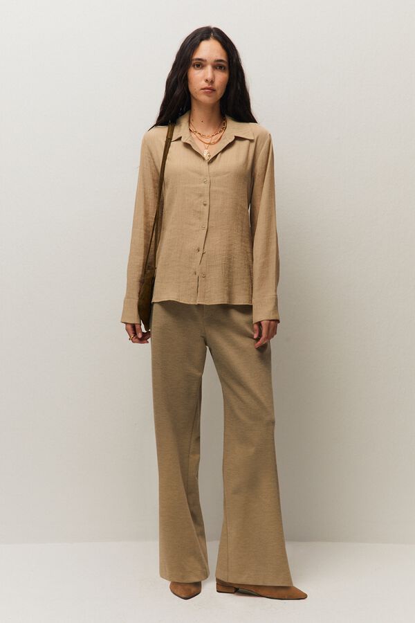 Systemaction Cal&ccedil;a wide leg &agrave;s riscas bege
