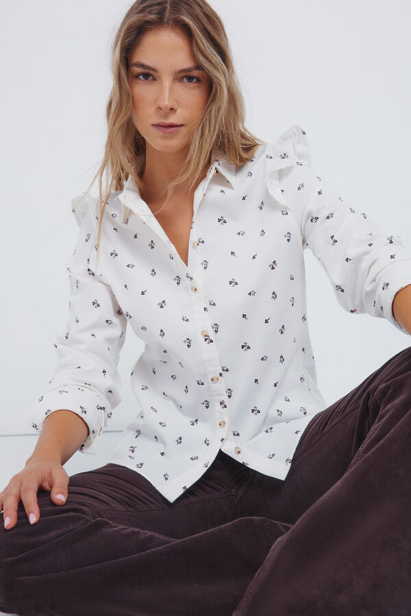 Springfield Camisa de veludo cotelê com babados nos ombros cru