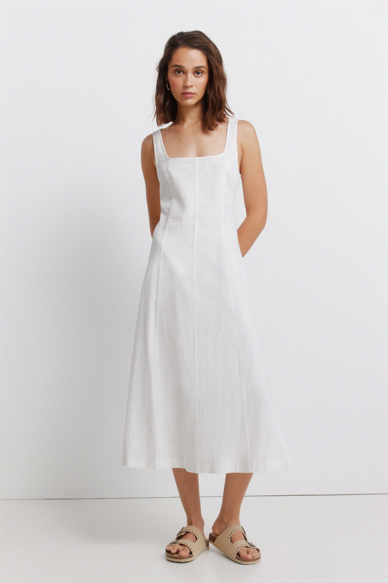 Springfield Vestido lino escote cuadrado