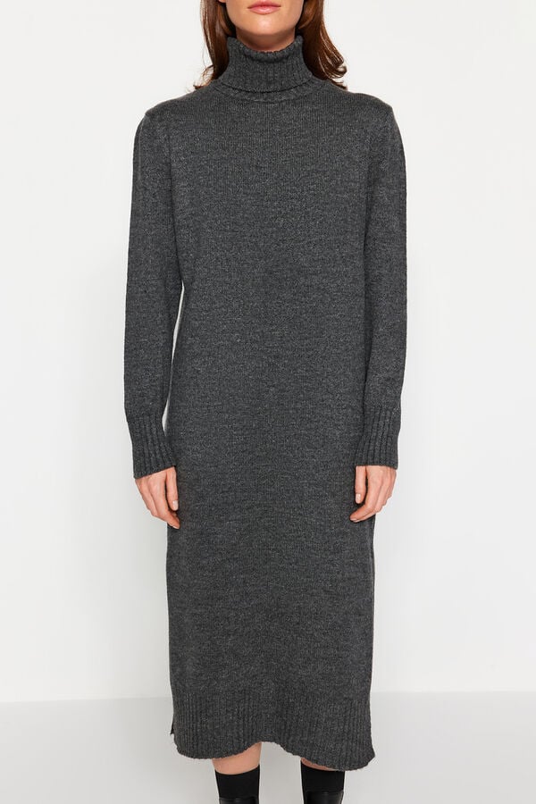 Trendyol Vestido midi gola alta com abertura cinzento
