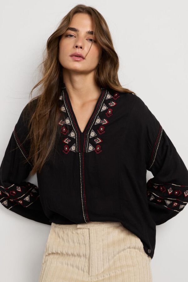 Pepe Jeans Blusa bordada de cuello mao negro