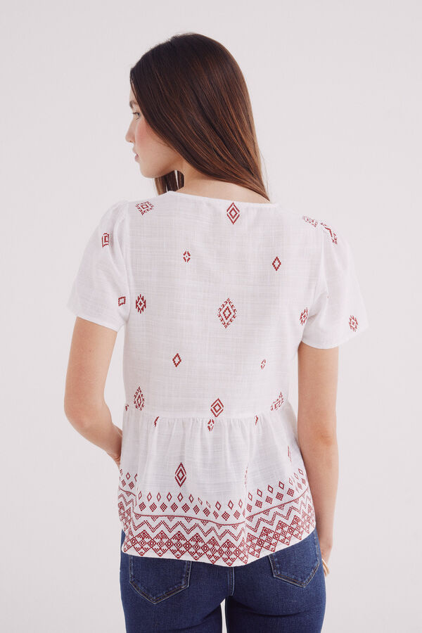 Springfield Blusa com motivos étnicos e decote orlado vermelho