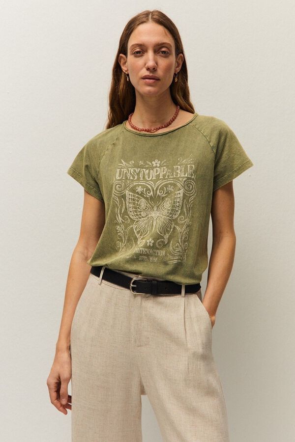 Systemaction T-shirt com estampado de borboleta Caqui escuro