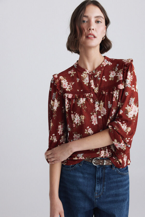 Springfield Blusa estampada com folhos de renda castanho
