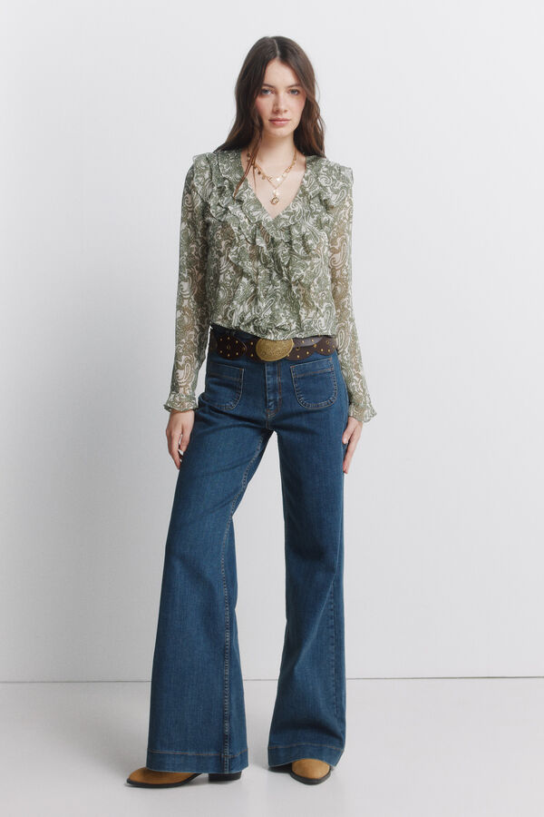 Springfield Blusa estampada com folhos em gaze Caqui escuro