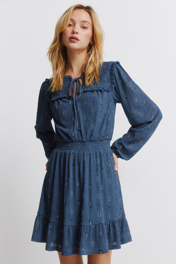 Springfield Vestido curto de manga comprida com folhos azul