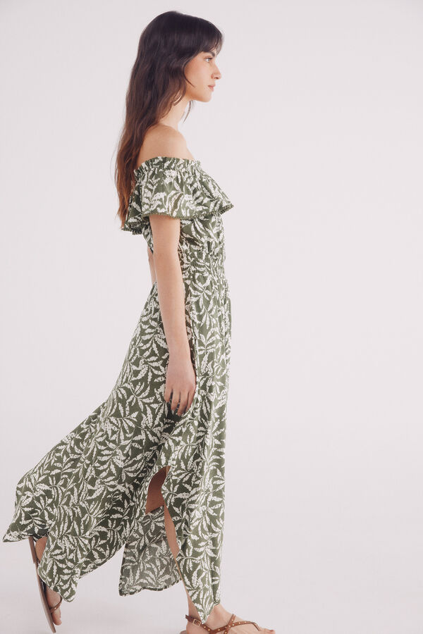 Springfield Vestido midi escote volante estampado verde