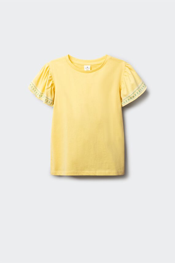 Camiseta manga corta básica volante estampado niña