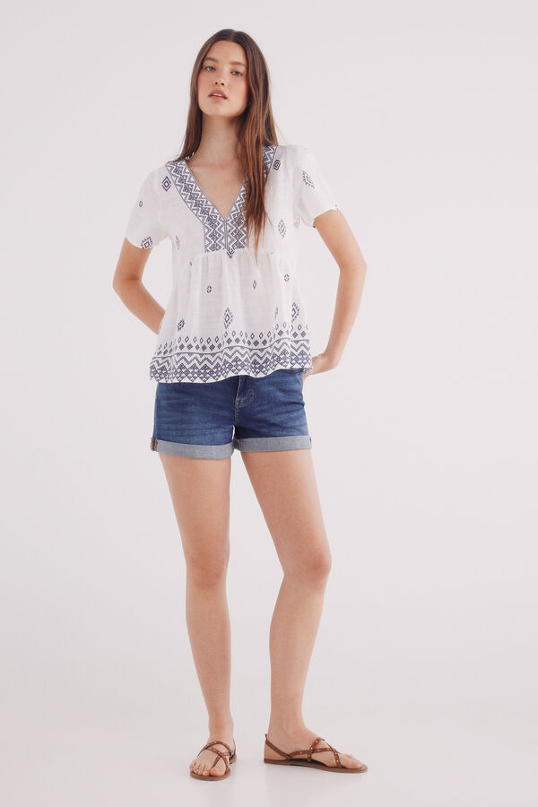 Springfield Blouse with ethnic motifs and a border neckline blue
