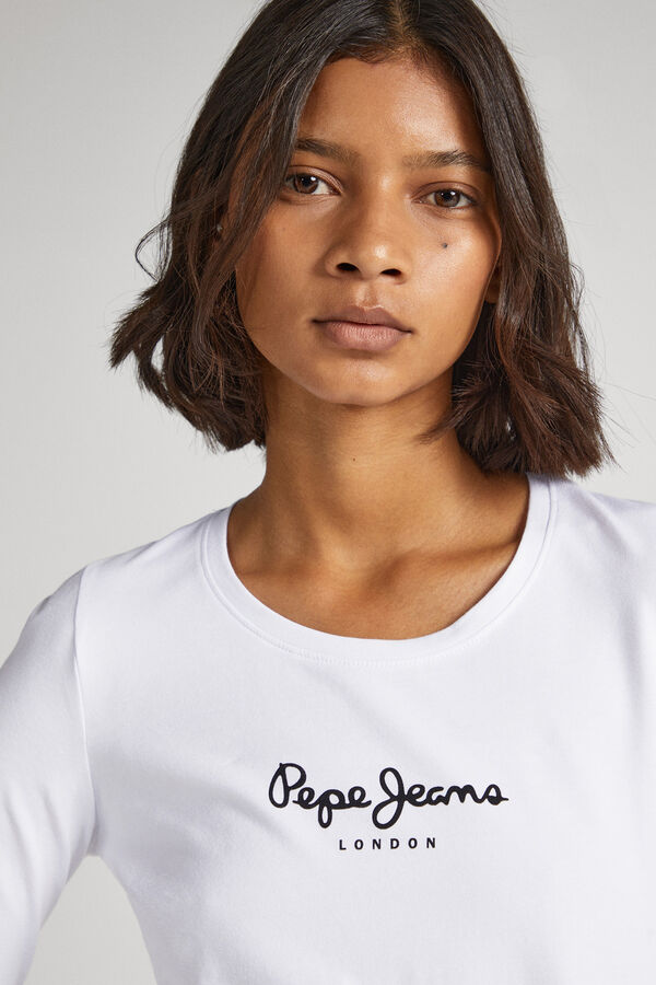 Pepe Jeans Camiseta b&aacute;sica de manga comprida com logo frontal branco