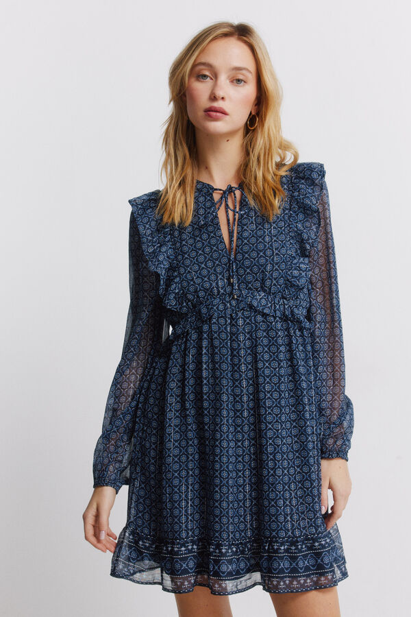 Springfield Vestido curto de manga comprida com folhos azul