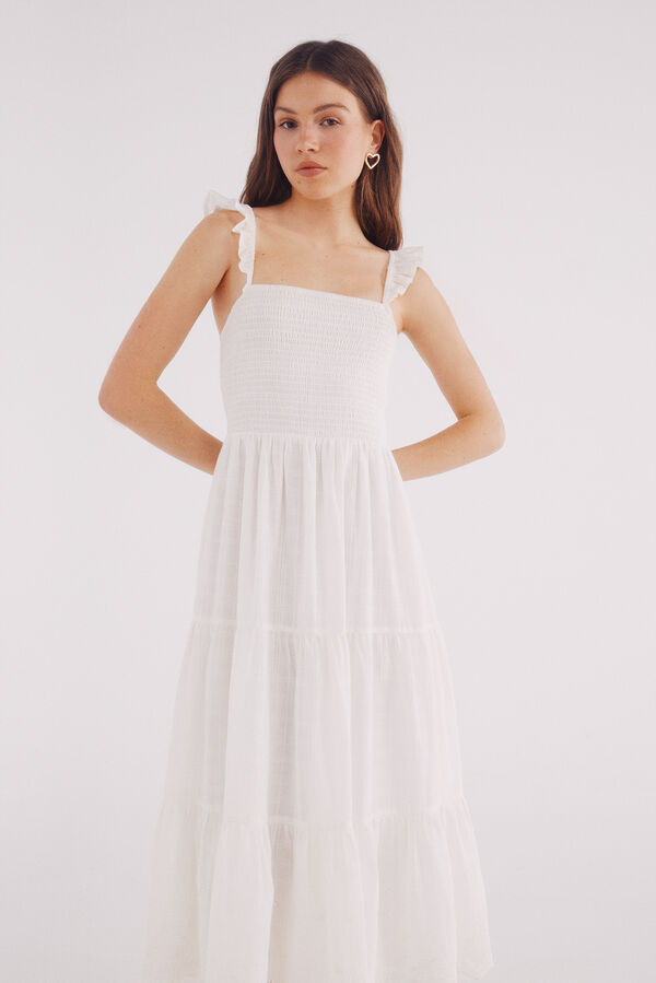 Springfield Vestido midi bordado suíço com baixo branco