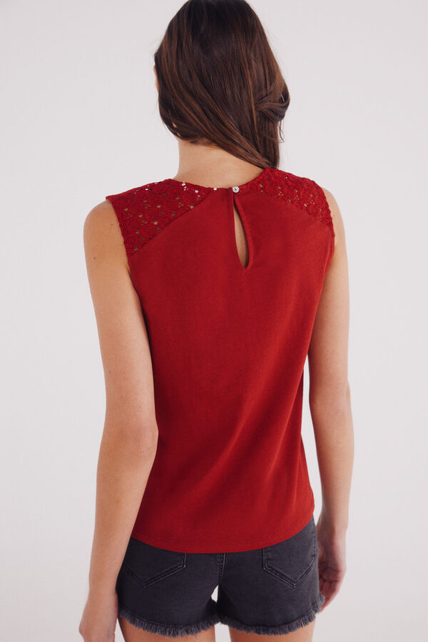 Springfield Camiseta de crochet com ombros vermelho