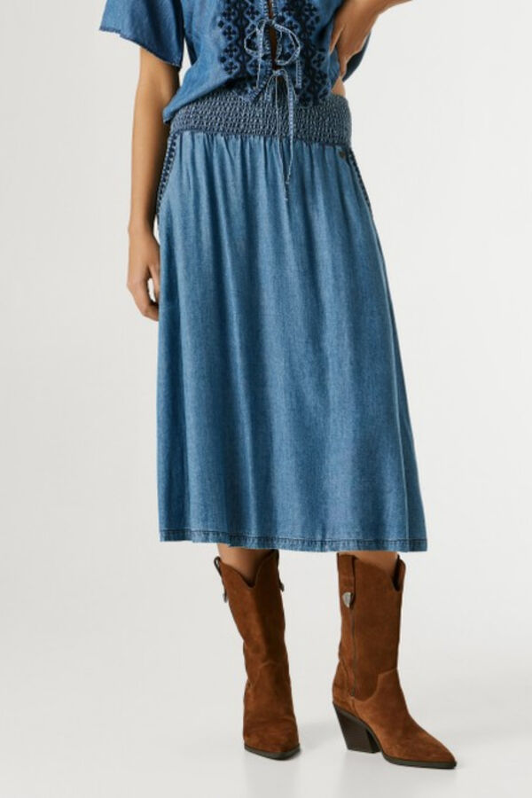 Pepe Jeans Saia midi bordada com bolso lateral azul