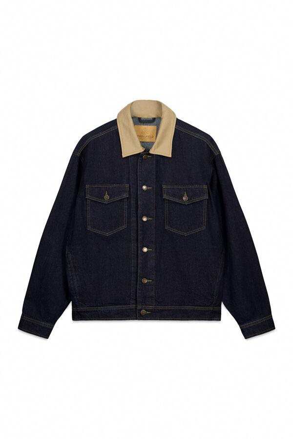 Springfield Jaqueta jeans oversized com gola contrastante azul