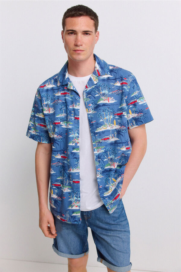 Springfield Camisa de manga curta bowling estampada azul