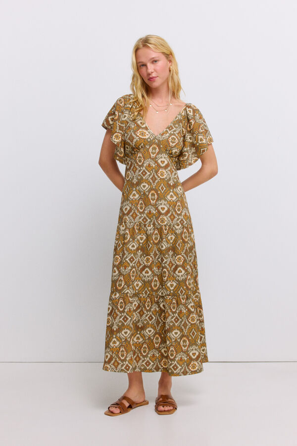 Springfield Vestido midi estampado com folhos Caqui escuro