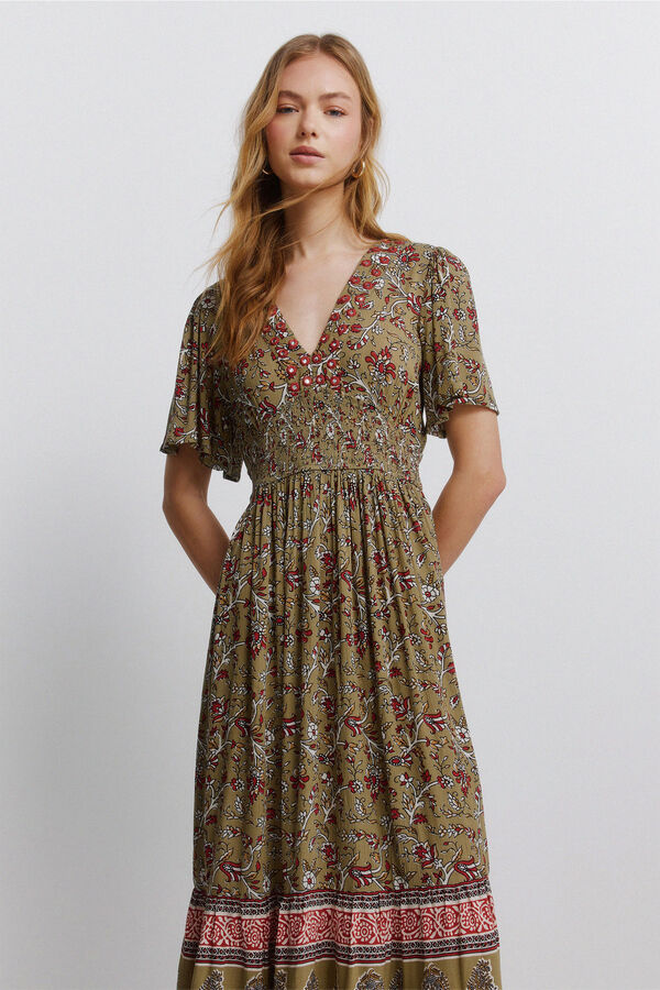 Springfield Vestido com decote de espelhinhos bege