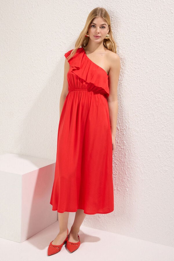 Trendyol Vestido midi com folho vermelho