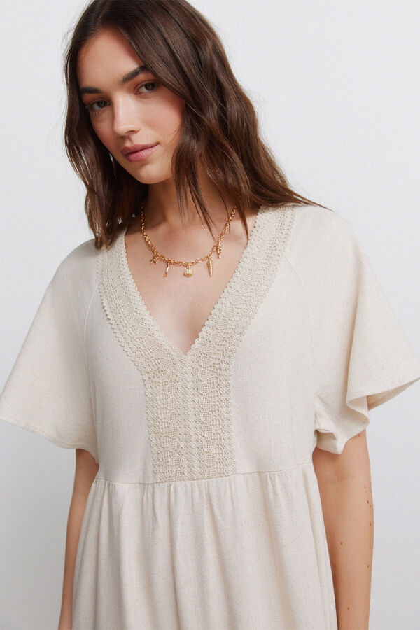 Springfield Vestido midi em linho crochet cru