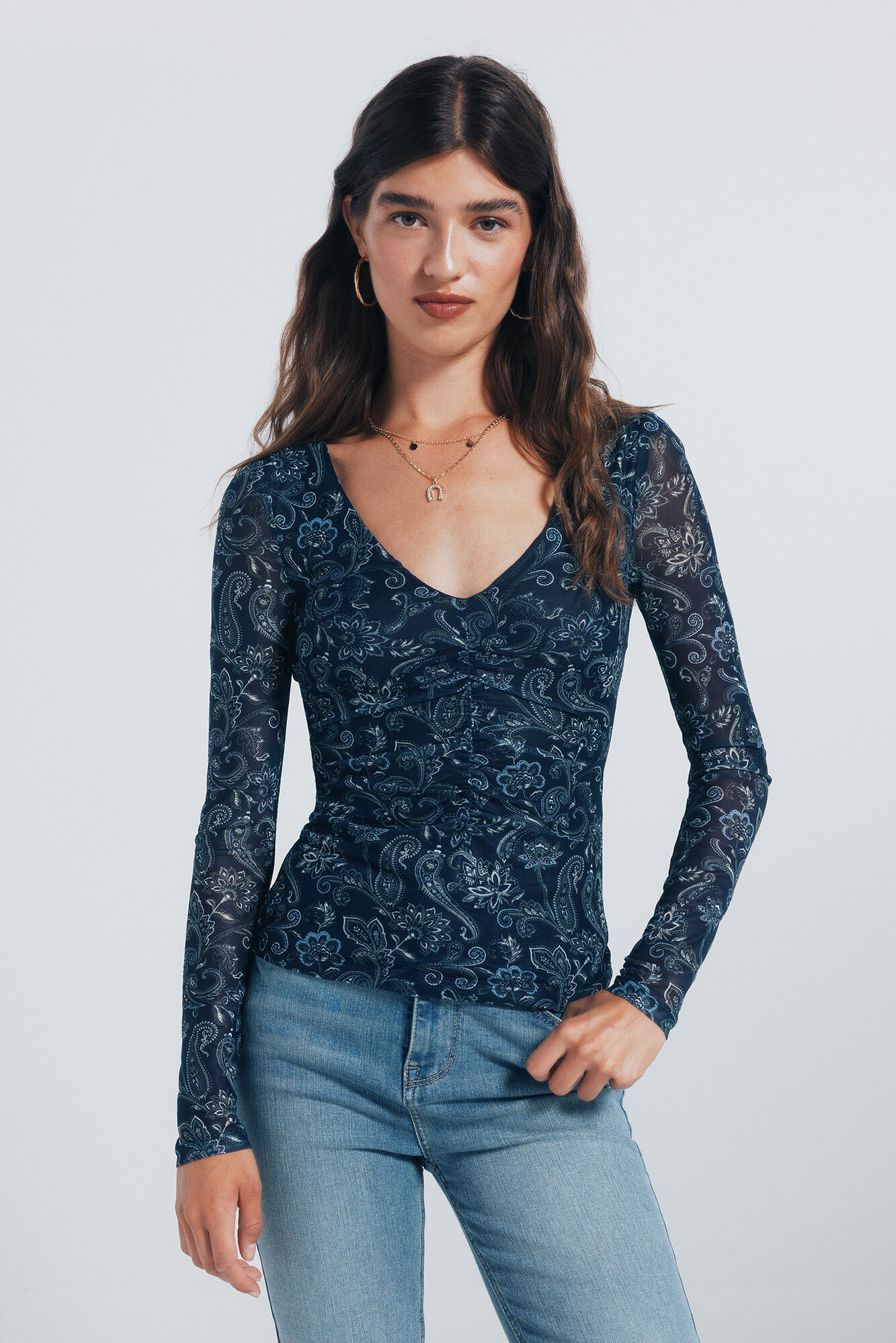 Springfield Camiseta gasa escote frunces estampada