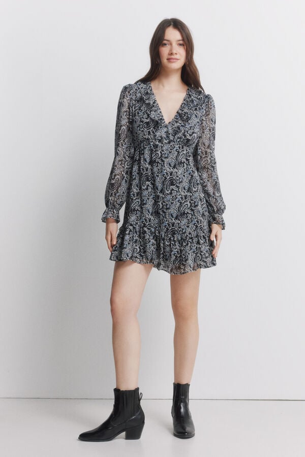 Springfield Vestido curto estampado manga comprida preto