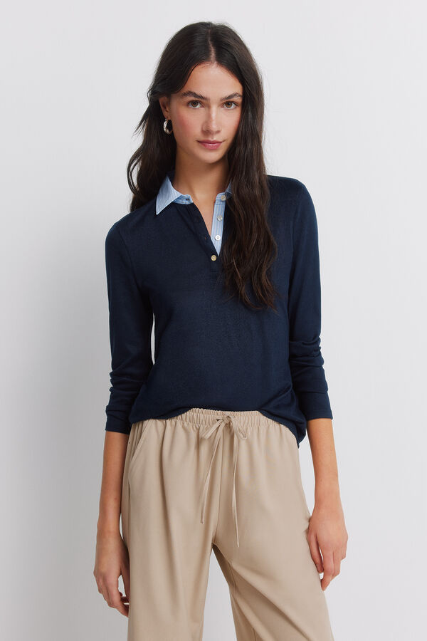 Springfield Polo malha manga comprida bimaterial azul