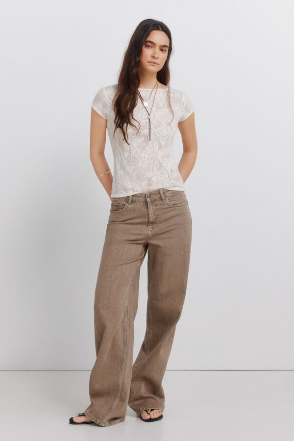 Springfield T-shirt de renda com transpar&ecirc;ncias castanho