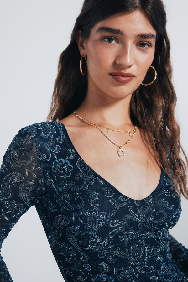 Springfield Camiseta de chiffon com decote franzido estampado azul