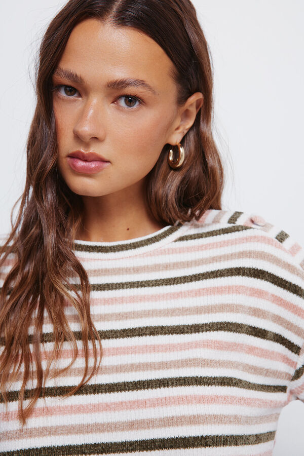 Springfield T-shirt riscas de chenille com botões e ombros à mostra estampado