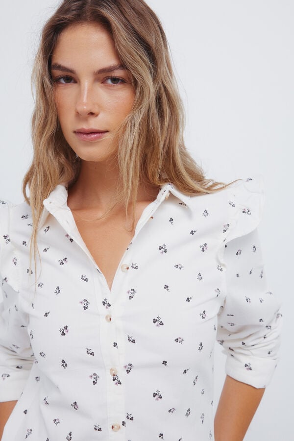 Springfield Camisa de veludo cotelê com babados nos ombros cru