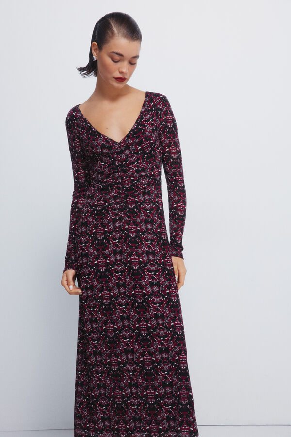 Springfield Vestido midi estampado com decote franzido preto