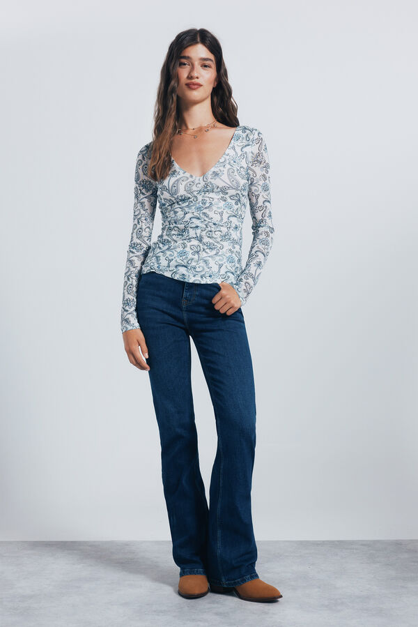 Springfield Camiseta de chiffon com decote franzido estampado branco