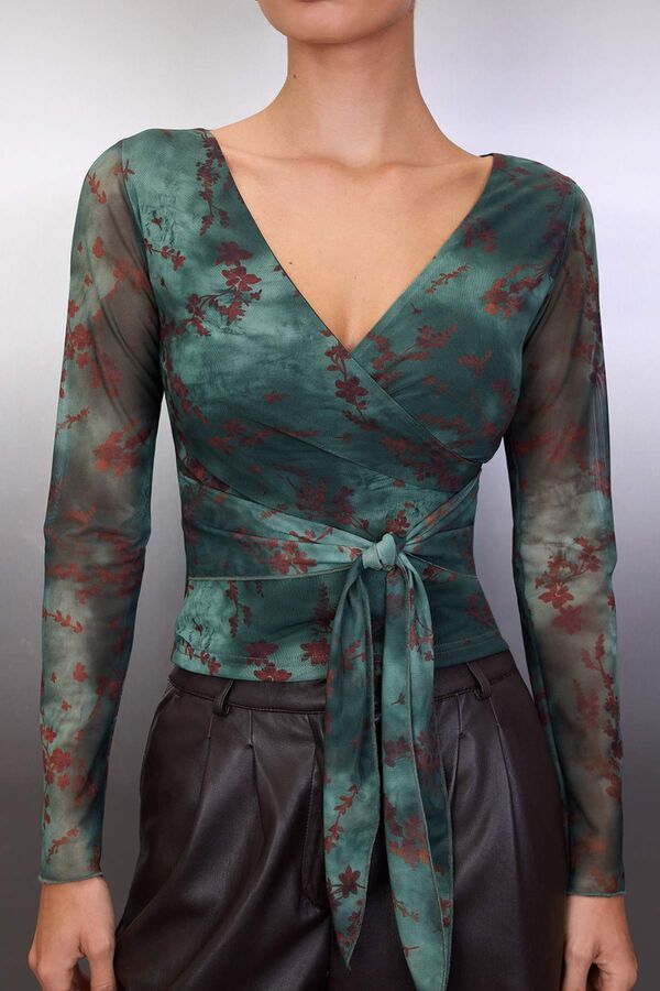 Trendyol Top estampado com detalhe de la&ccedil;o Caqui escuro