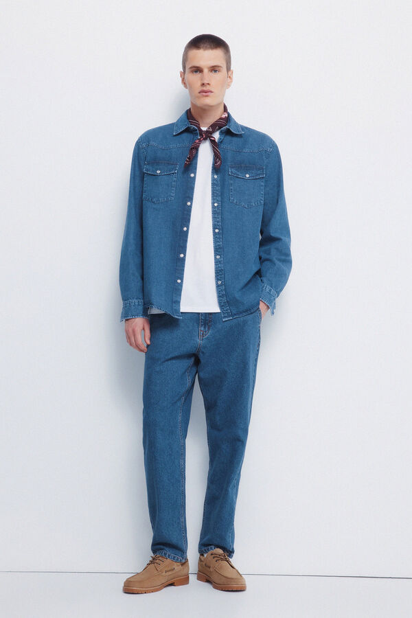 Springfield Camisa jeans com cintado = entallado azul