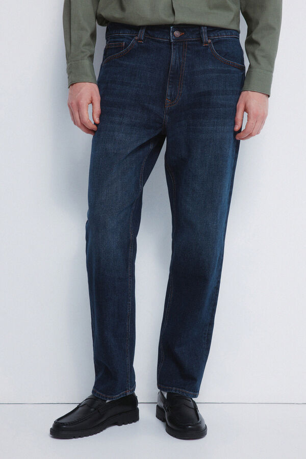 Springfield Calça jeans reta com lavagem escura azul
