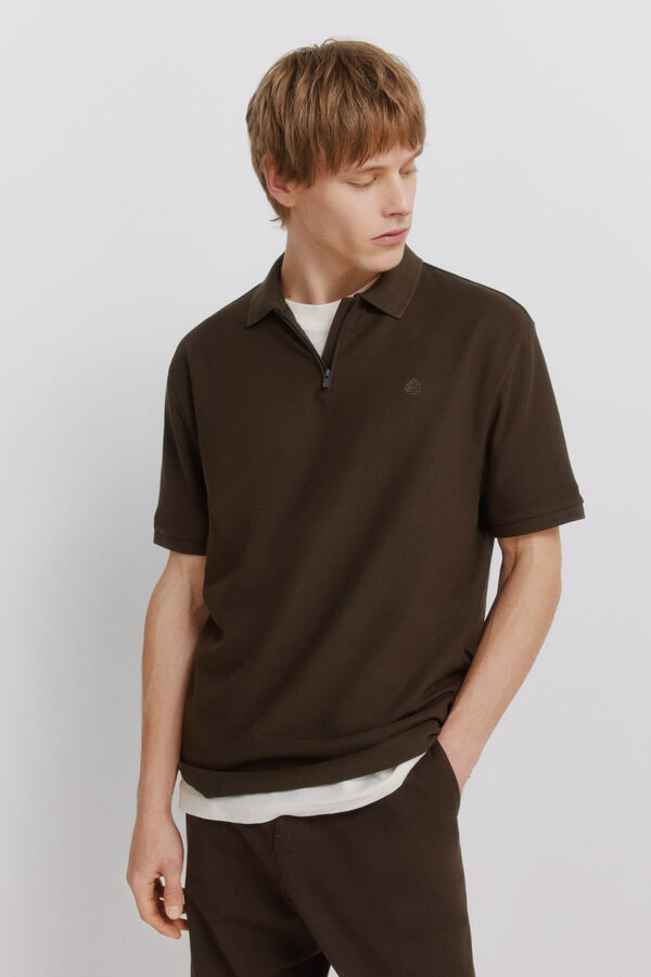 Springfield Polo piqu&eacute; fecho-&eacute;clair regular fit castanho