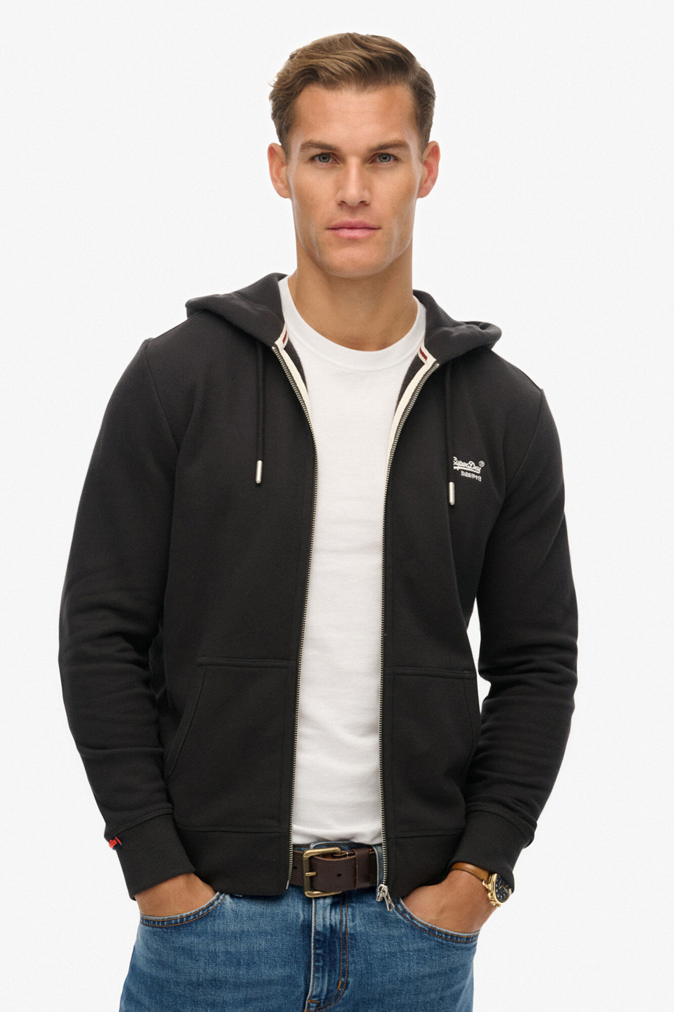 Superdry Sweatshirt b&aacute;sica com fecho-&eacute;clair e capuz com logo