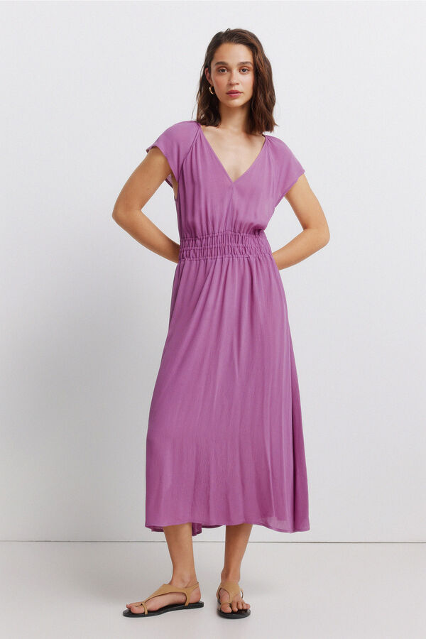 Springfield Vestido midi liso com el&aacute;stico na cintura rosa