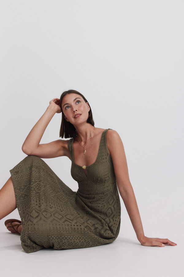 Springfield Vestido midi de al&ccedil;as em crochet Caqui escuro