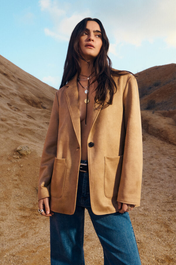 Springfield Blazer em camur&ccedil;a sint&eacute;tica camel