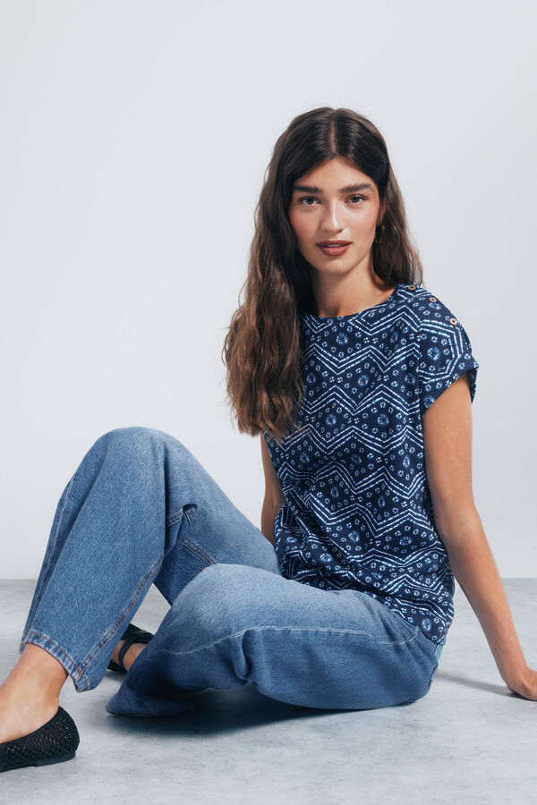 Springfield Camiseta estampada com bot&otilde;es e ombros &agrave; mostra azul