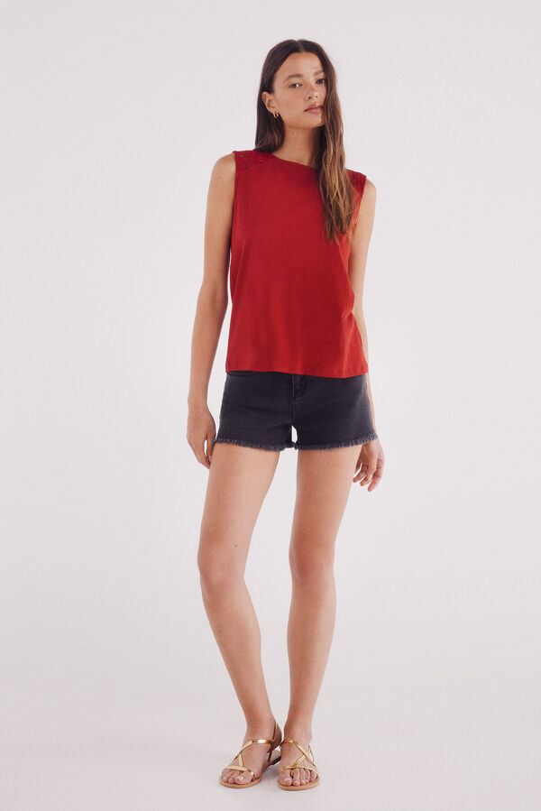 Springfield Camiseta de crochet com ombros vermelho